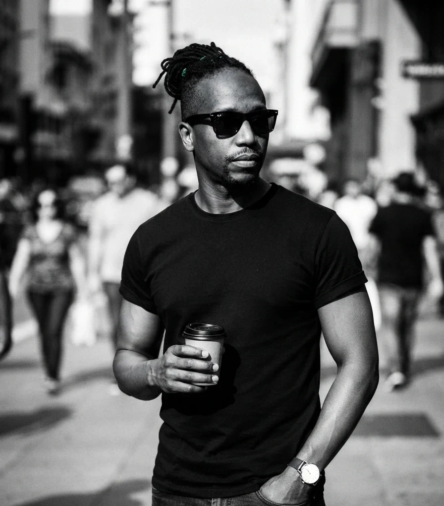 Retrato em preto e branco do idealizador do News AIVVO, de óculos escuros, segurando um copo de café numa rua movimentada